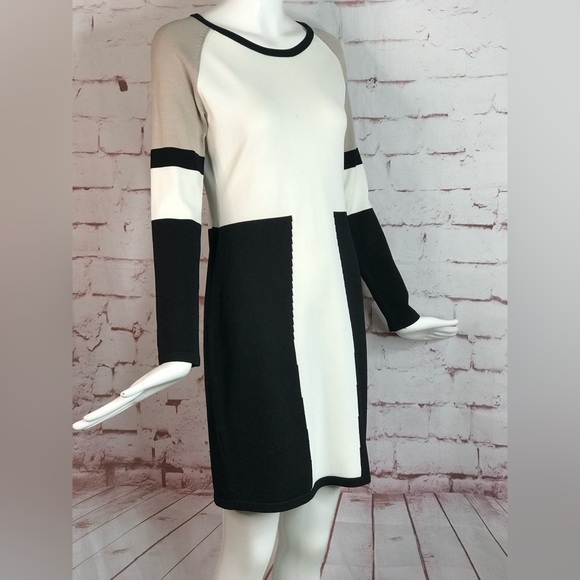CALVIN KLEIN M Petite Colorblock Knit Long Sleeve Dress Black Taupe Cream MP - Picture 16 of 16